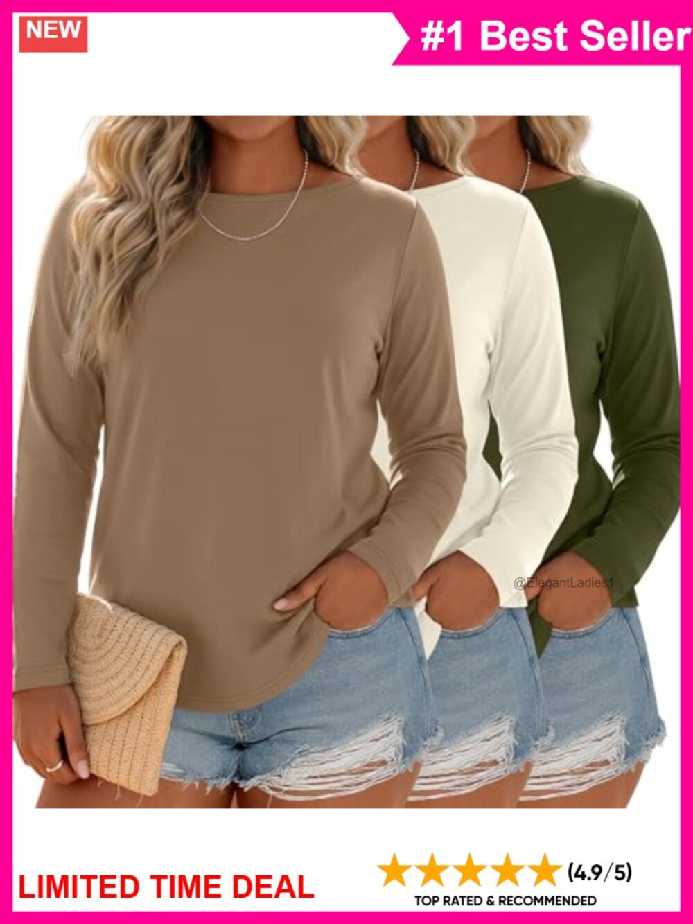 Plus Size Long Sleeve Boat Neck Tops Curved Hem Loose Fit 3 Pack